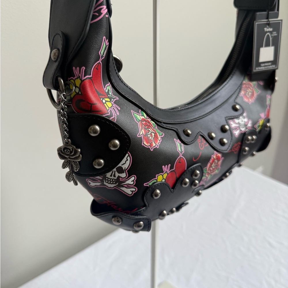 Ed Hardy Black Shoulder Bag with Red Rose & Heart Print - Picture 3 of 11